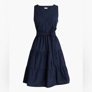 J. Crew Faux Wrap Sleeveless Mini Dress Size 16 Navy Blue Tiered Cotton V Neck
